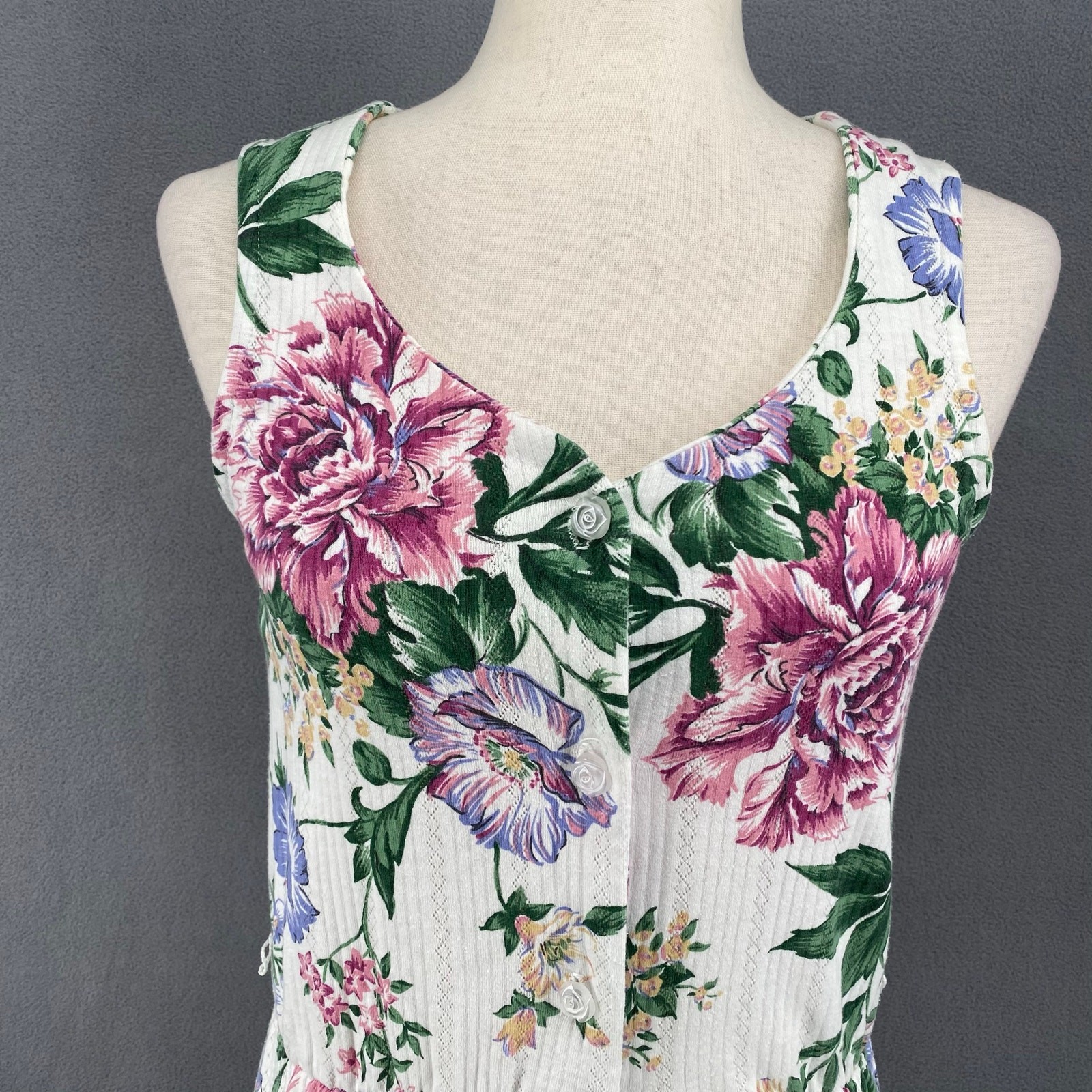 Vtg Bohemian Romantic Floral Coquette Button Down Midi Dress 8 White Pink