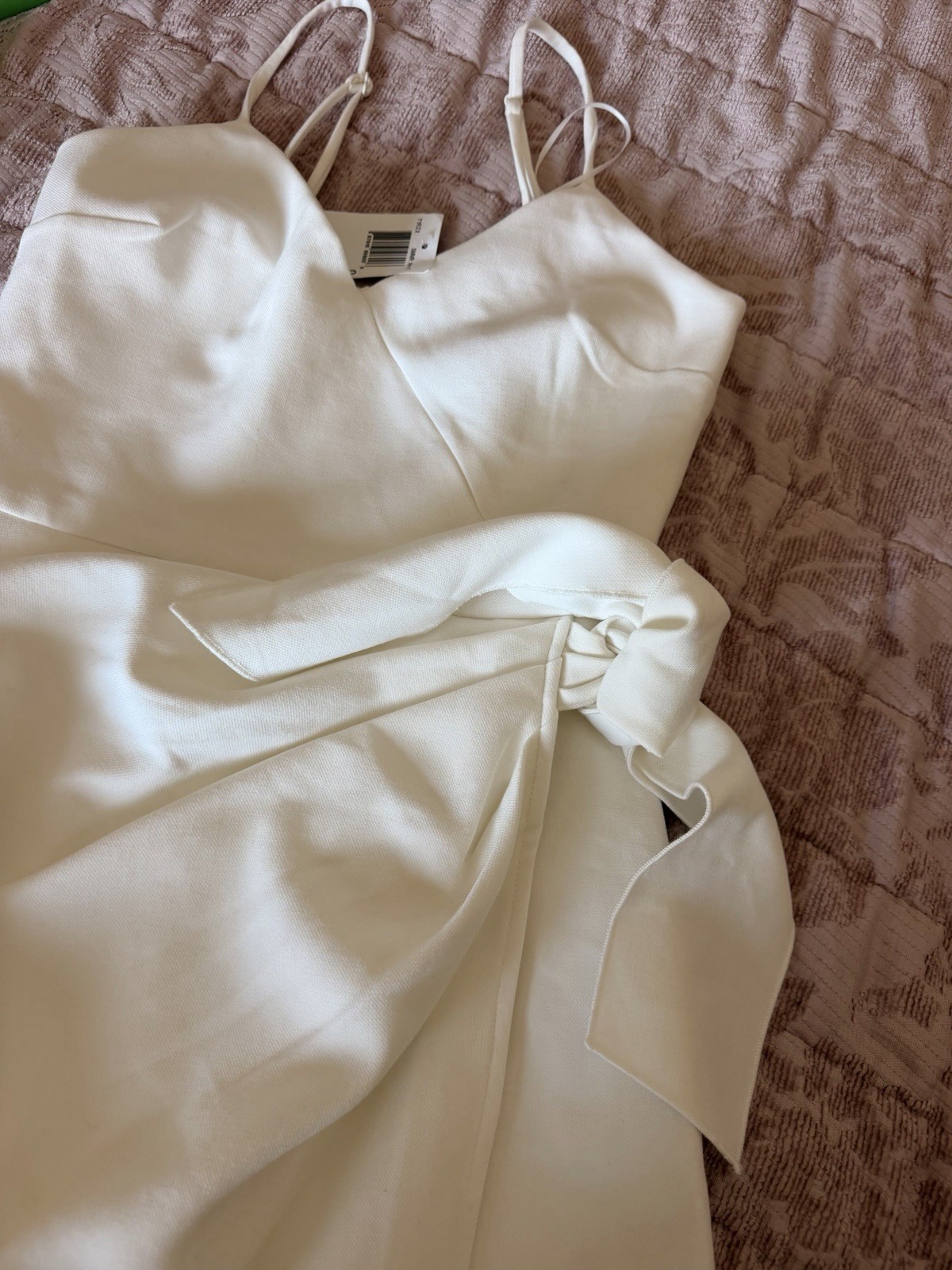 French Connection White Satin Wrap Mini Dress Sz 0 V-Neck Bow Zip Straps
