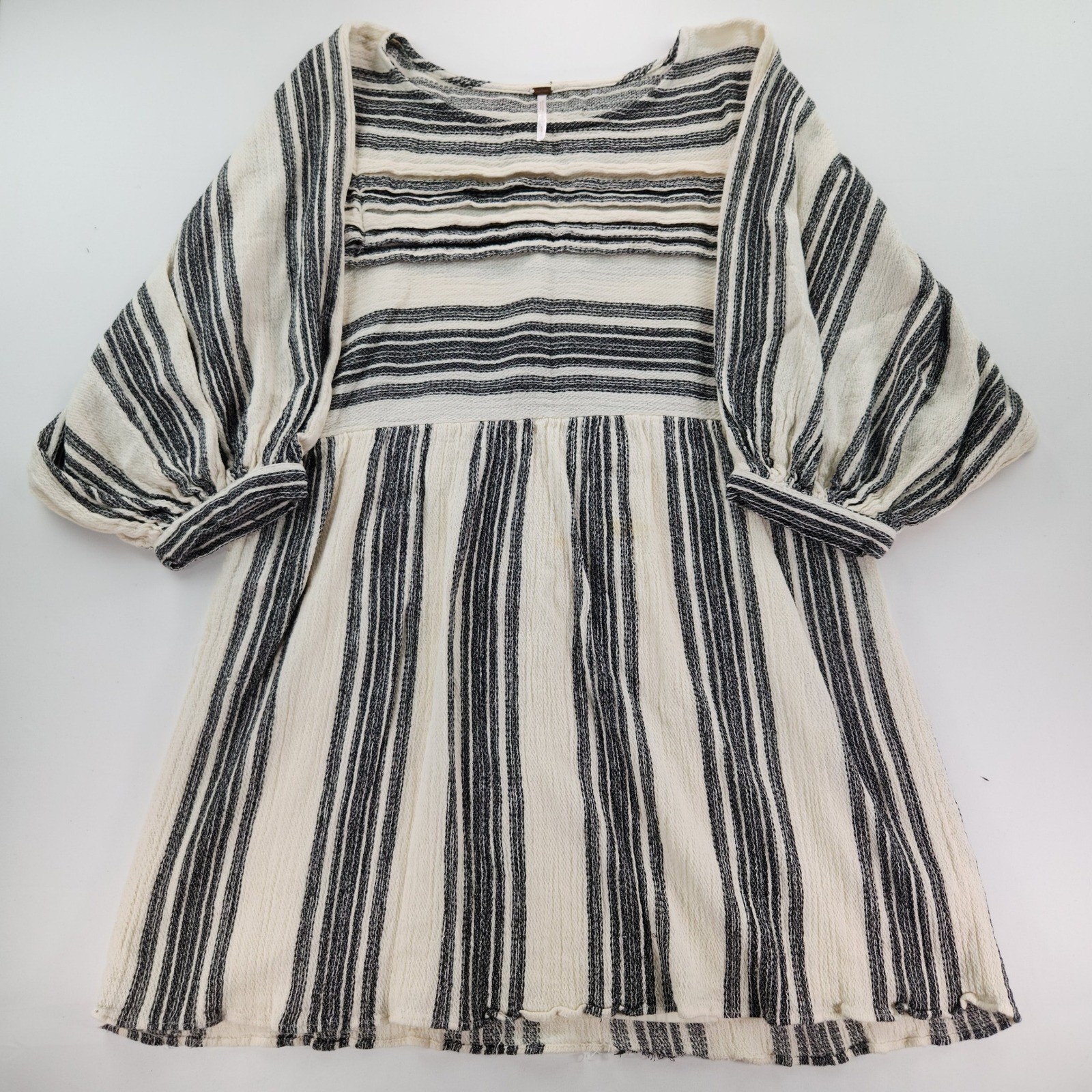 Women Free People Ivory Striped Boho Mini Dress S Balloon Cuff Cotton Blend