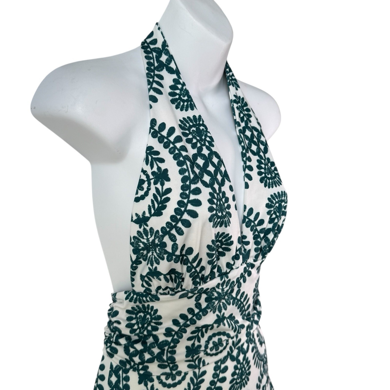 Womens Backless Halter Romper Small White Green Floral Print Ruffle Resort READ