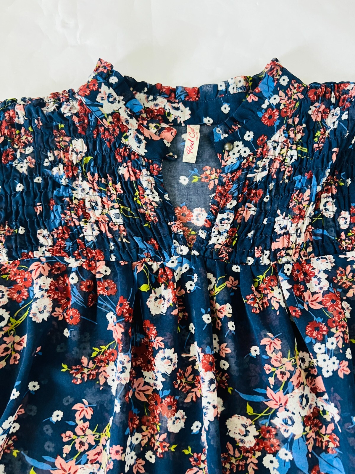 Red Camel Womens Top Large Multicolor Floral Pleated Button Loop Ruffle Trim