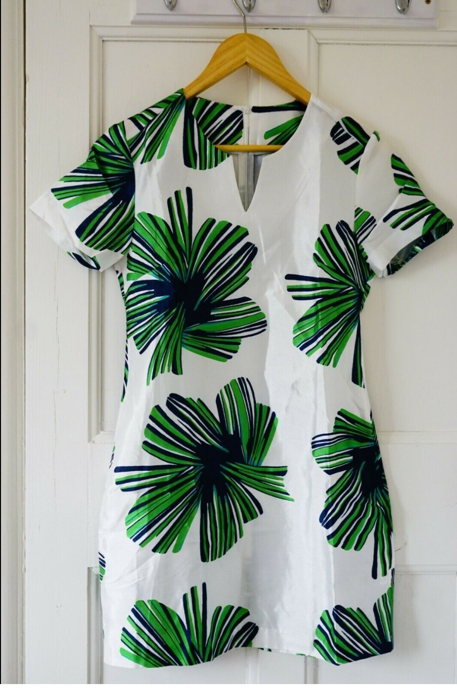 Green Palm Leaves White Print Mini Dress Elegant Women Short Skirt M S 8 10