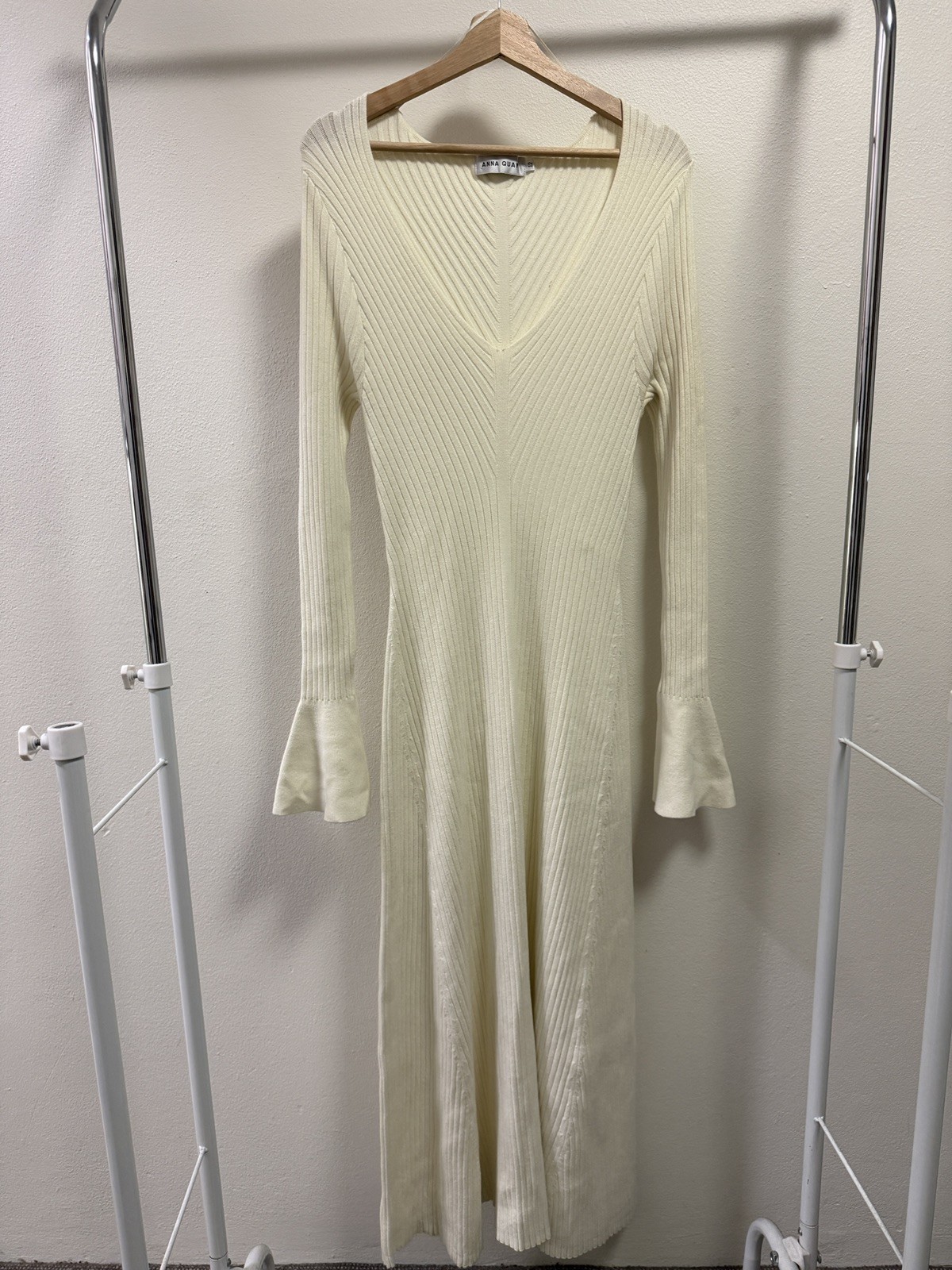 Anna Quan Rib Knit Midi Dress Size 12 Ivory V Neck Long Sleeve Flare Cuff Cotton