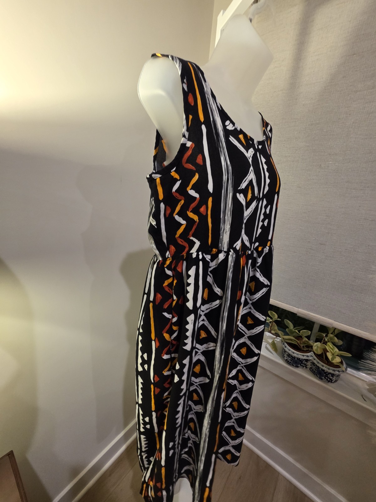 Midi Sun Dress Black Orange White Geometric Print Sleeveless M VTG