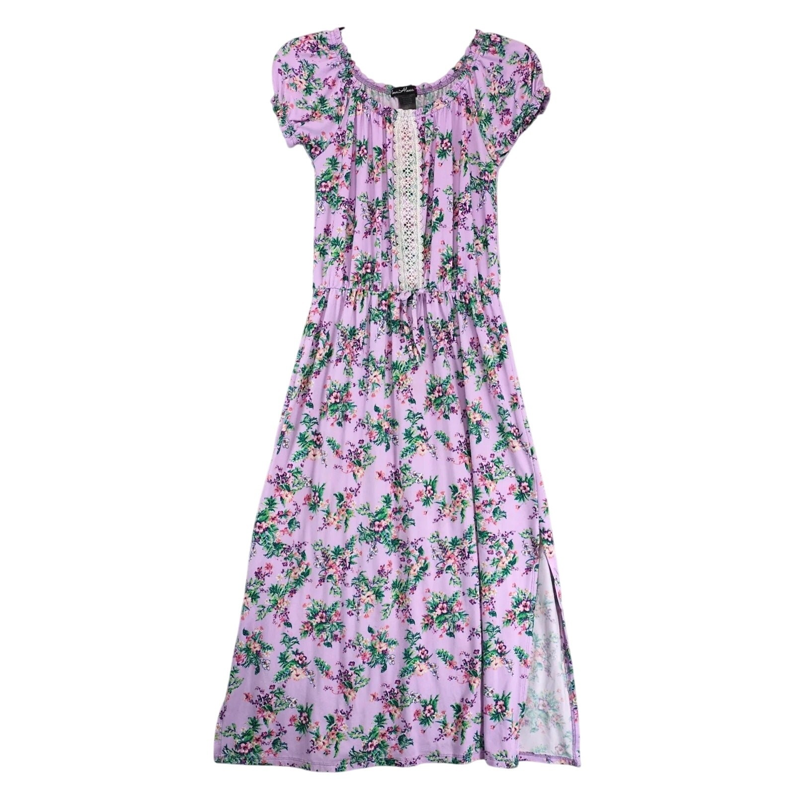 Love, Alexa Purple Floral Midi Dress XL Stretch Puff Slv Lace Front Side Slits
