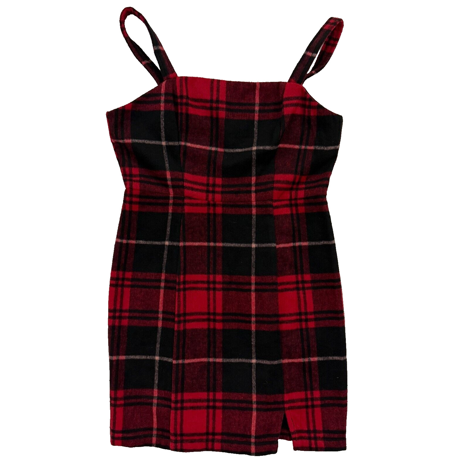 Copper Key Size Large Dress Black and Red Plaid Square Neck Print Split Hem NWT