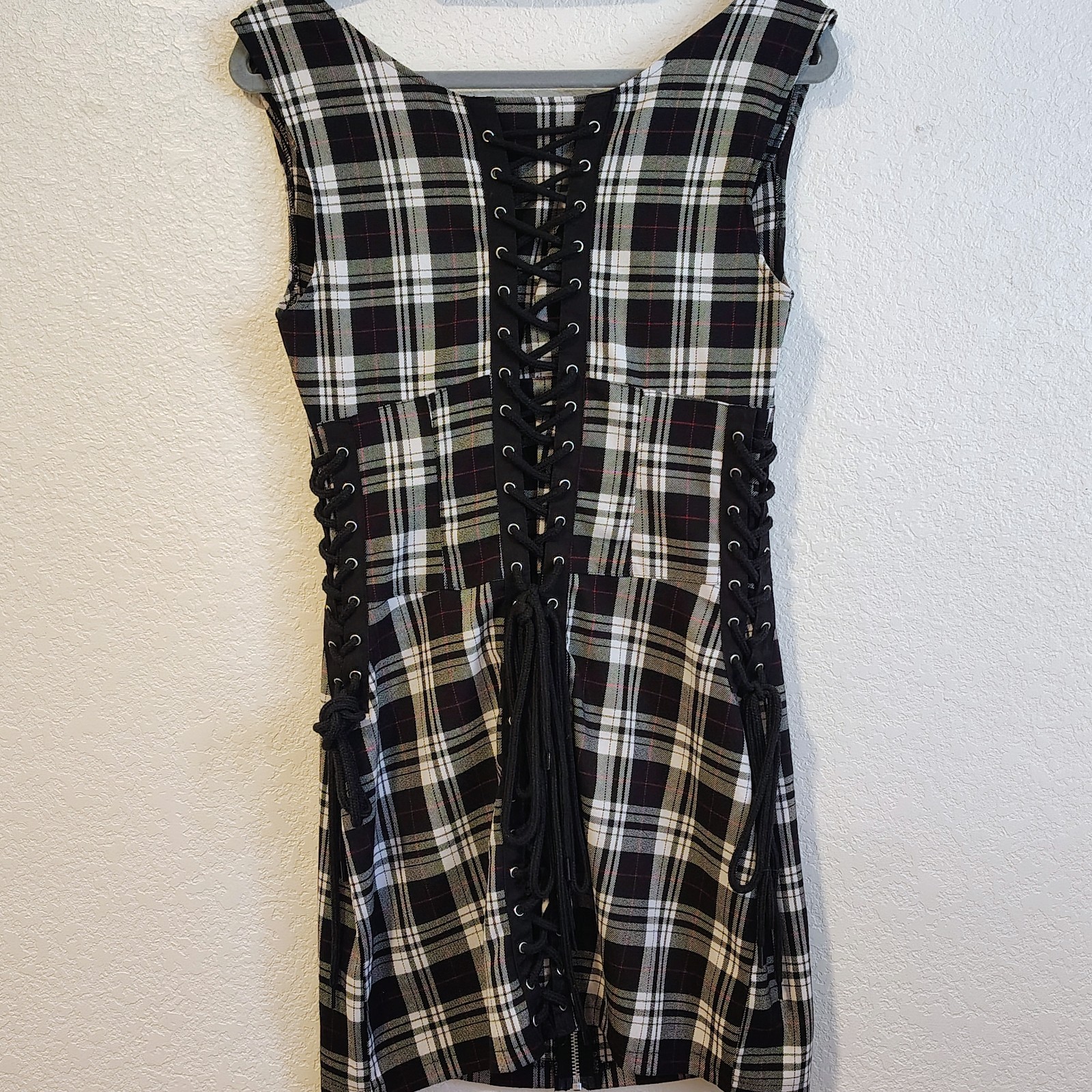 Hell Bunny Size Large Black White Plaid Corset Dress O-Rings Lace Up Sides Back