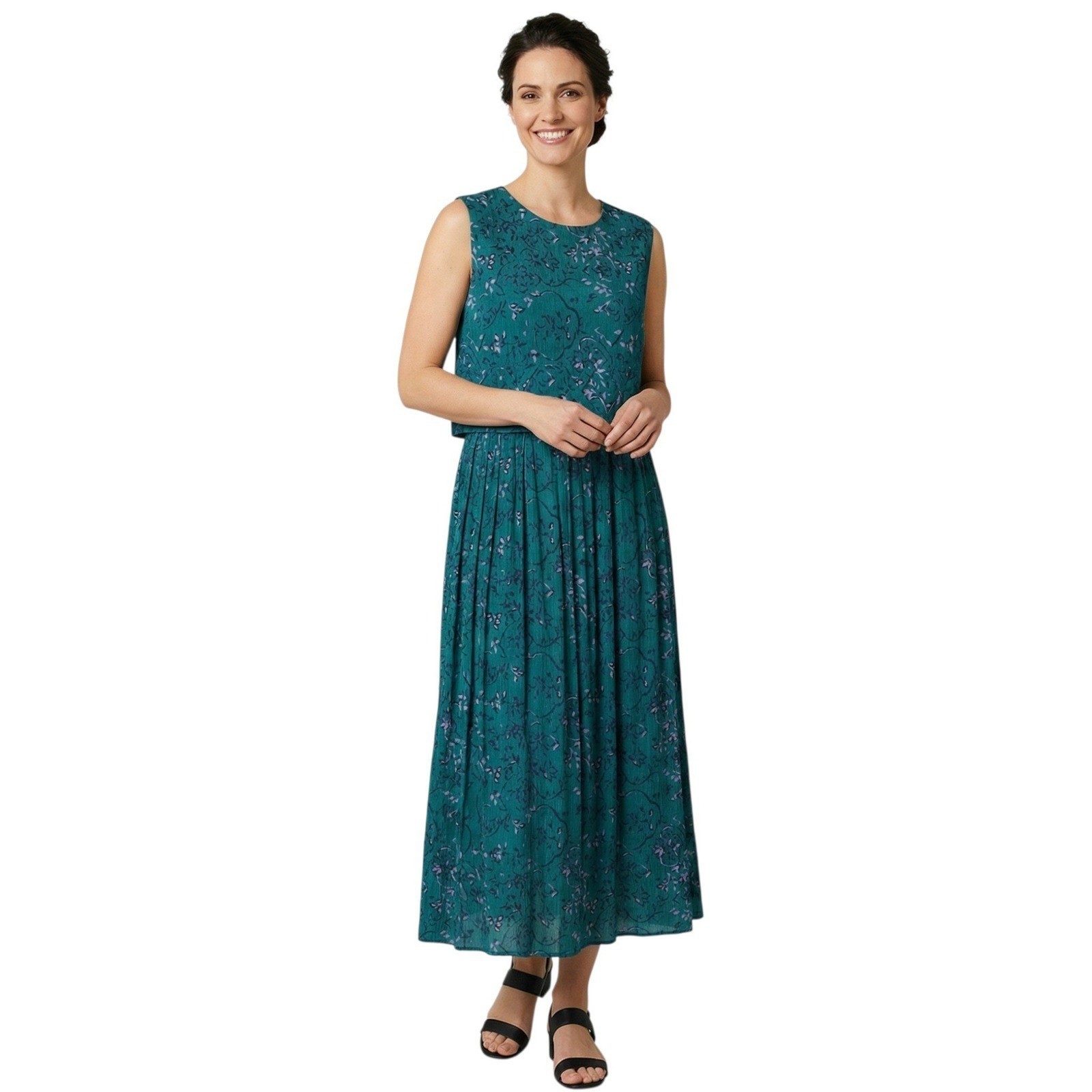 Karin Stevens Vintage Teal Floral Rayon Sleeveless Maxi Dress Size 8 Cottagecore