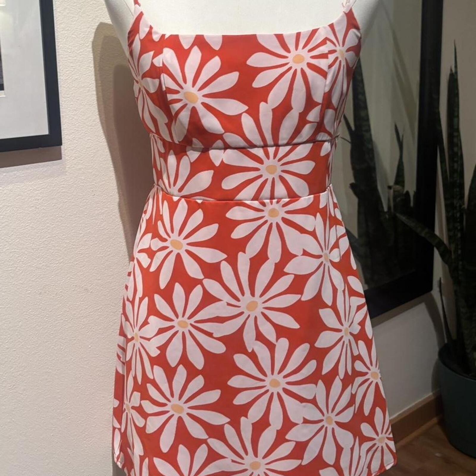 Retro Daisy Print Mini Dress Orange White Y2K Summer Beach Dress XS