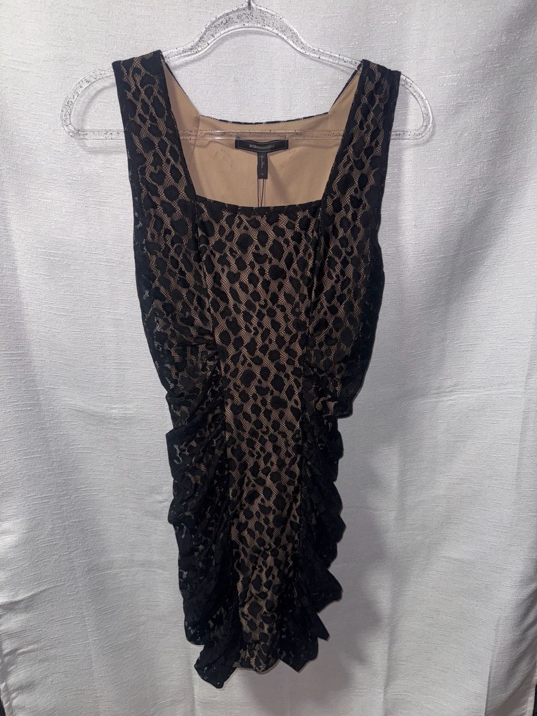 BCBGMAXAZRIA Black Lace Leopard Print Ruched Sleeveless Mini Dress