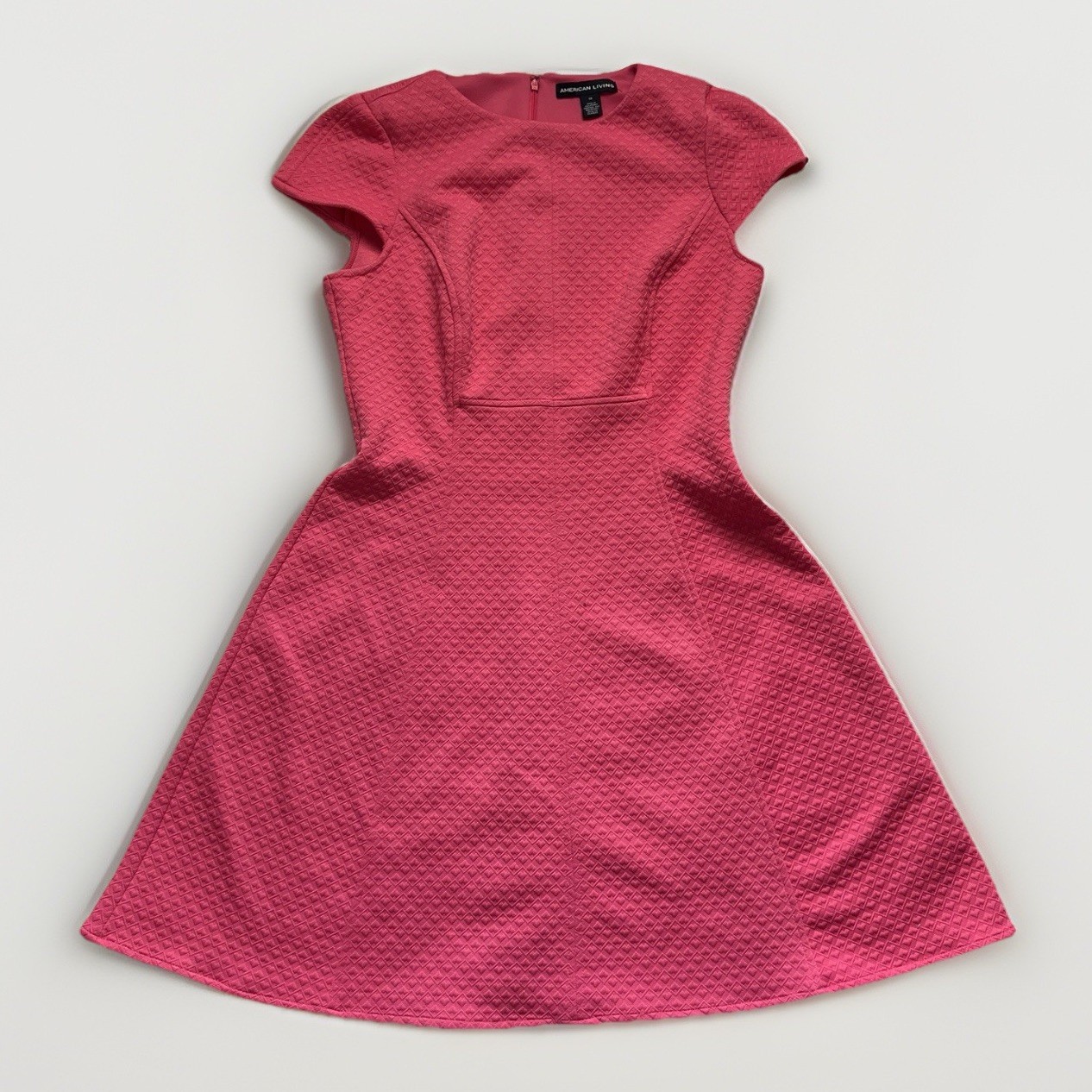 American Living Pink Fit Flare Dress Size 10 Textured Cap Sleeve Coquette Modest