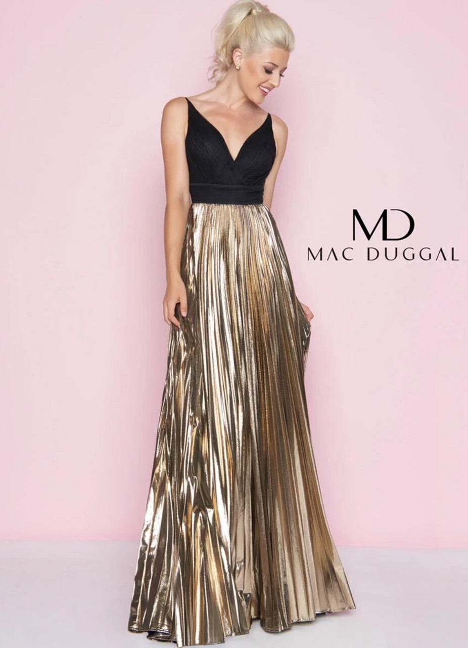 MAC DUGGAL Black Ruched Tulle Gold Metallic Lame Pleated Skirt Maxi Gown 14 US