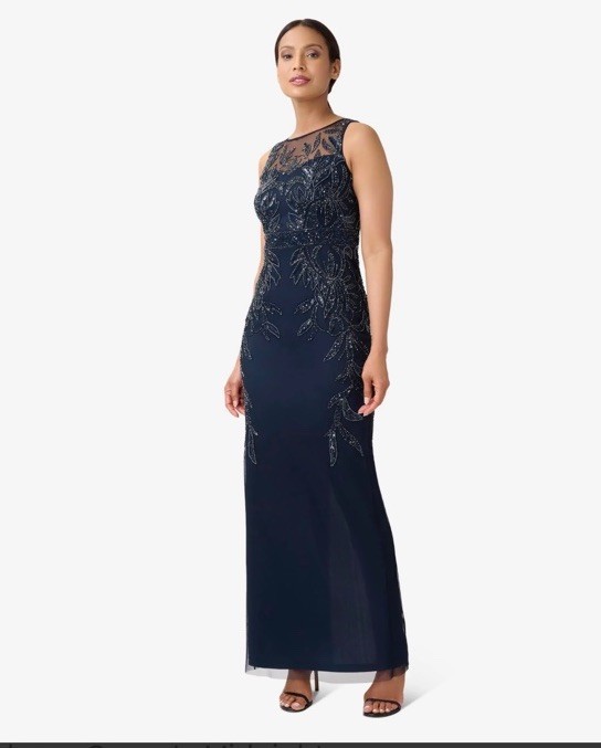 Adrianna Papell Fully Beaded Column Gown Women’s Size 4 P Navy Party Dress New
