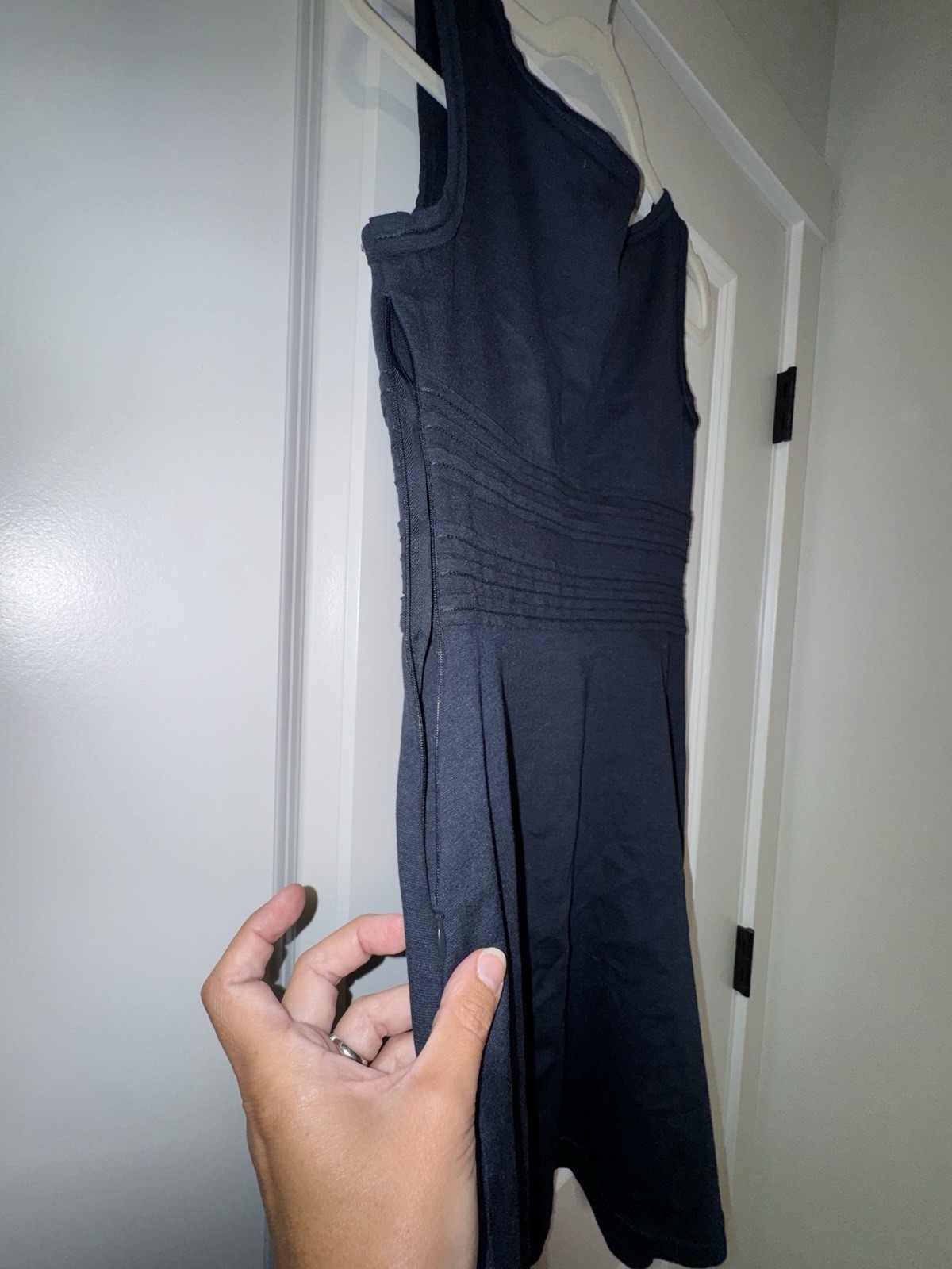 Max Studio Navy Blue Sleeveless Ruched Waist Knit Dress Size S Rayon Blend