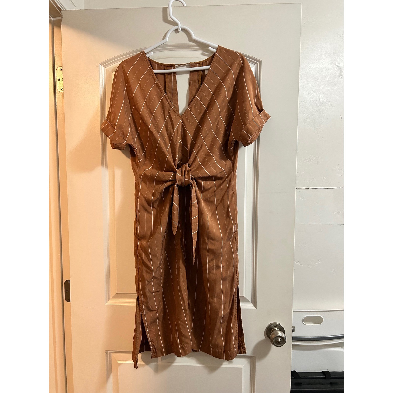 Sancia Women’s Brown Striped Tie Front Midi Dress with Pockets Size S