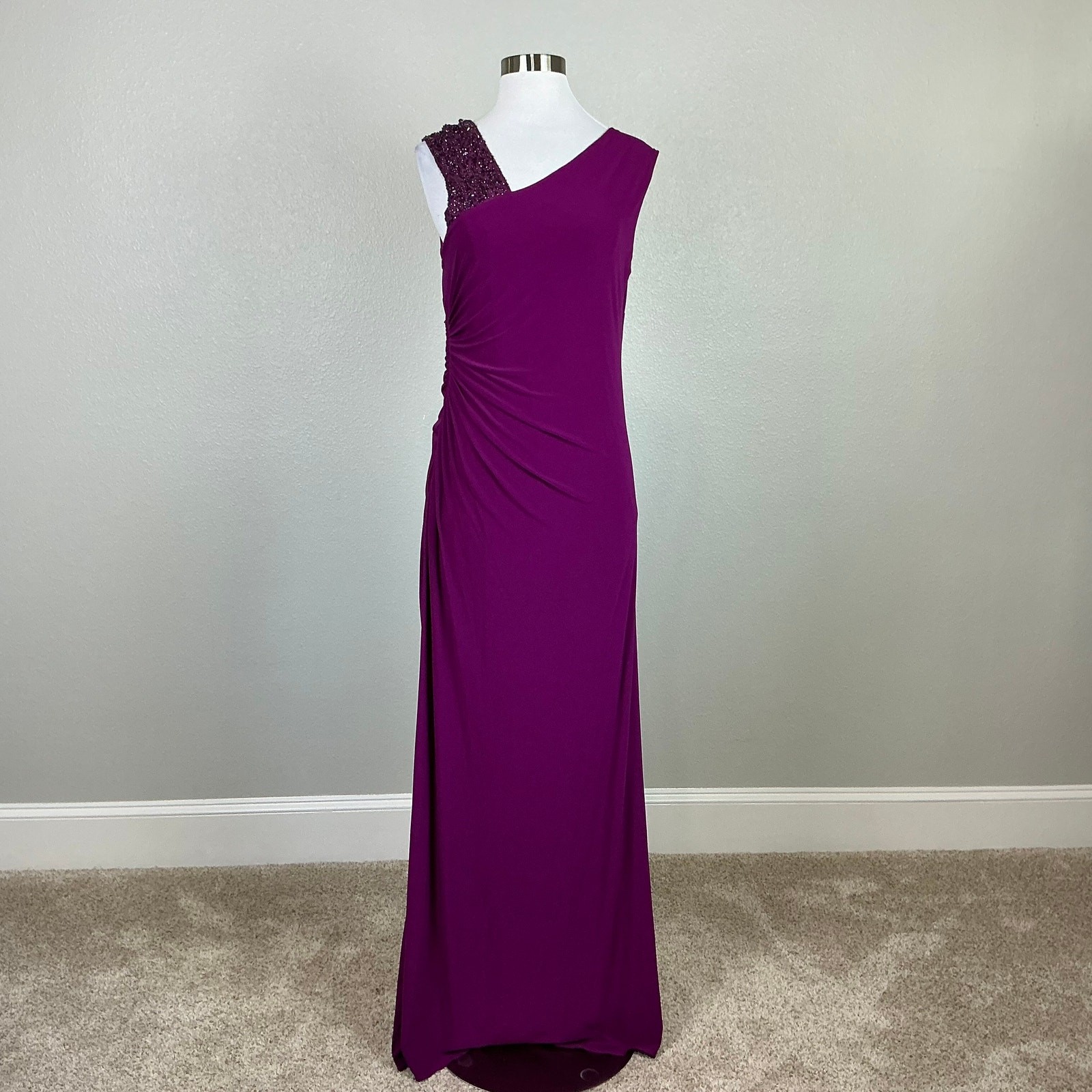 Adrianna Papell Pink Evening Gown Beaded One Shoulder Long Column Dress Size 8