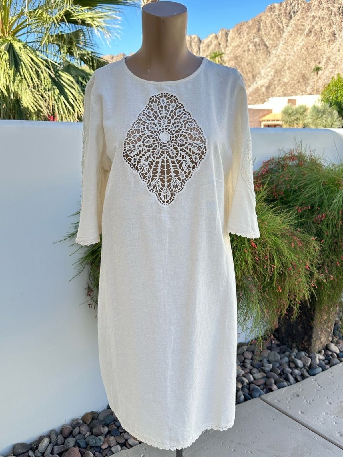 Mango Cream Crochet Appliqué Shift Cotton Linen Blend Dress