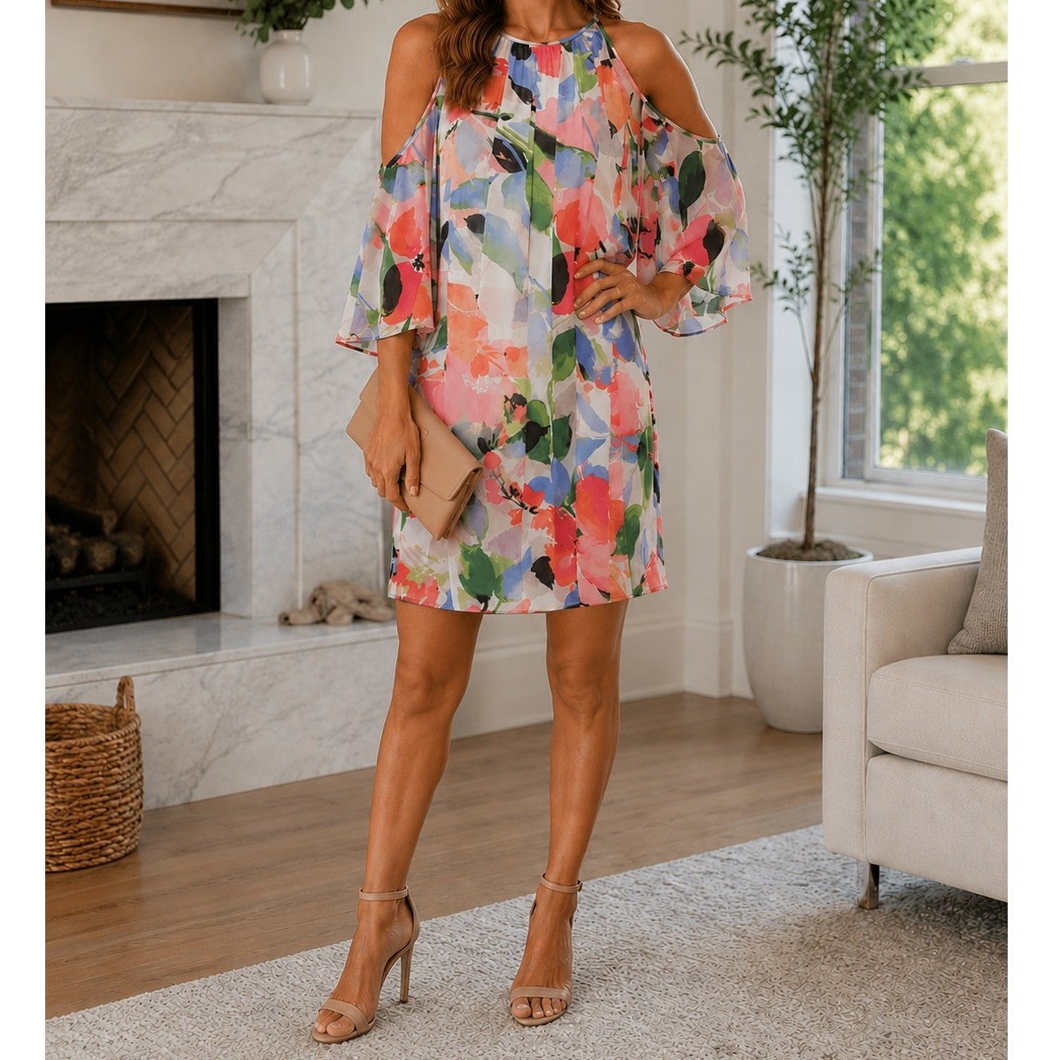 Maggy London Floral Chiffon Cold Shoulder Dress Classic Romantic Wedding Guest 6