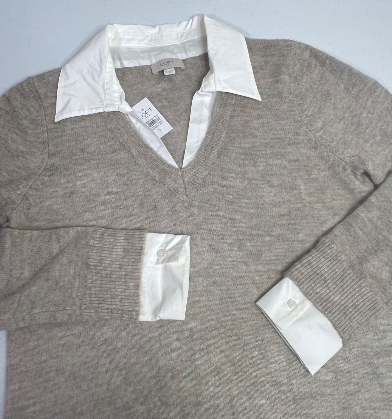 LOFT Outlet Sweater Dress Heather Beige White Collar And Cuffs Womens Size Small