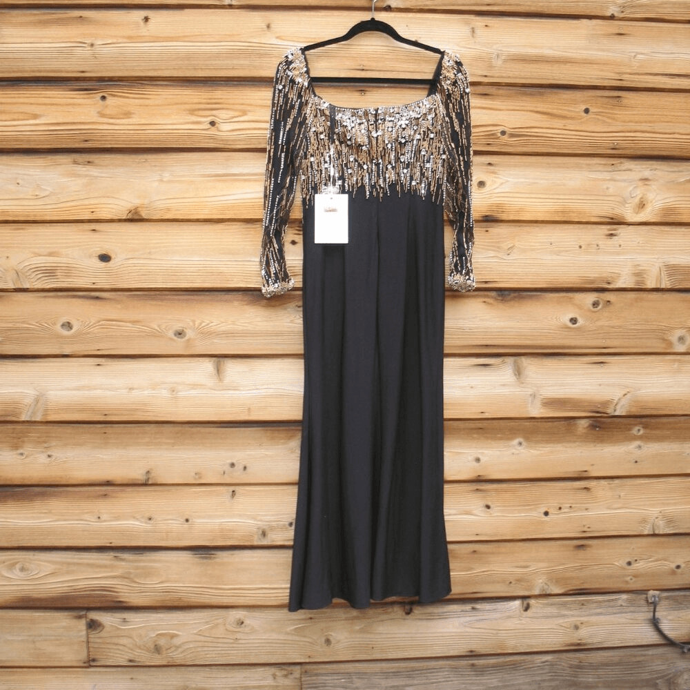 MAC DUGGAL 2256 Black Beaded Square Neck Long Sleeve Jersey Gown Size 8