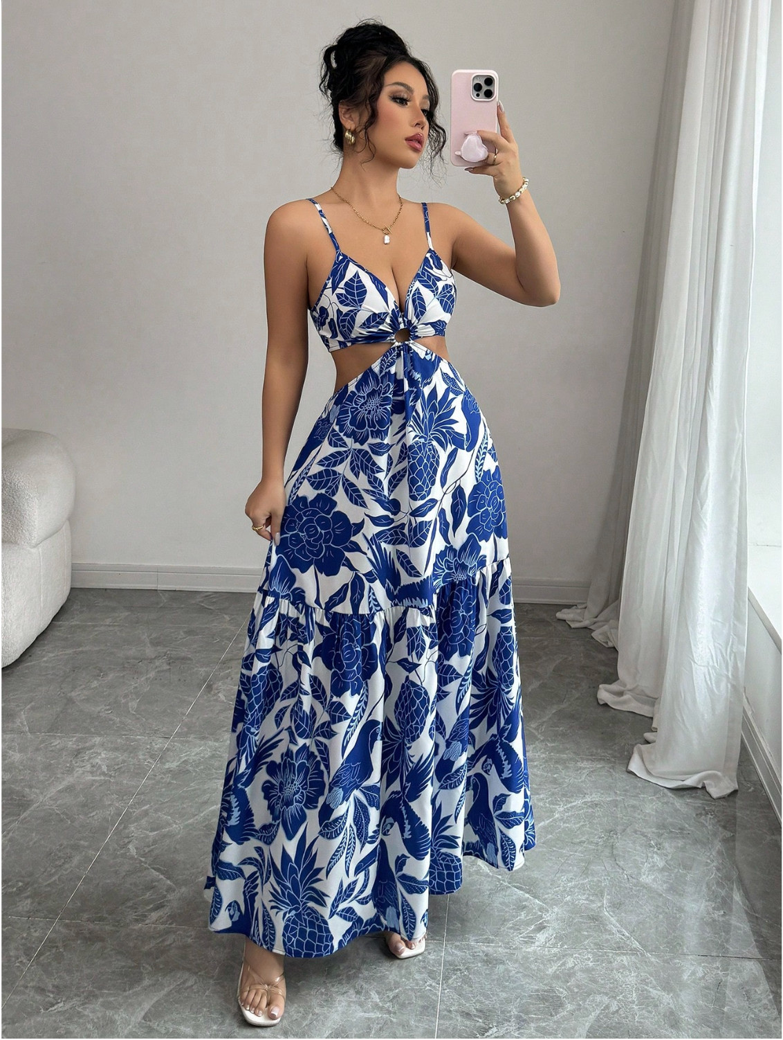 Long Blue and White Floral Dress ,New , Available in S,M,L,XL