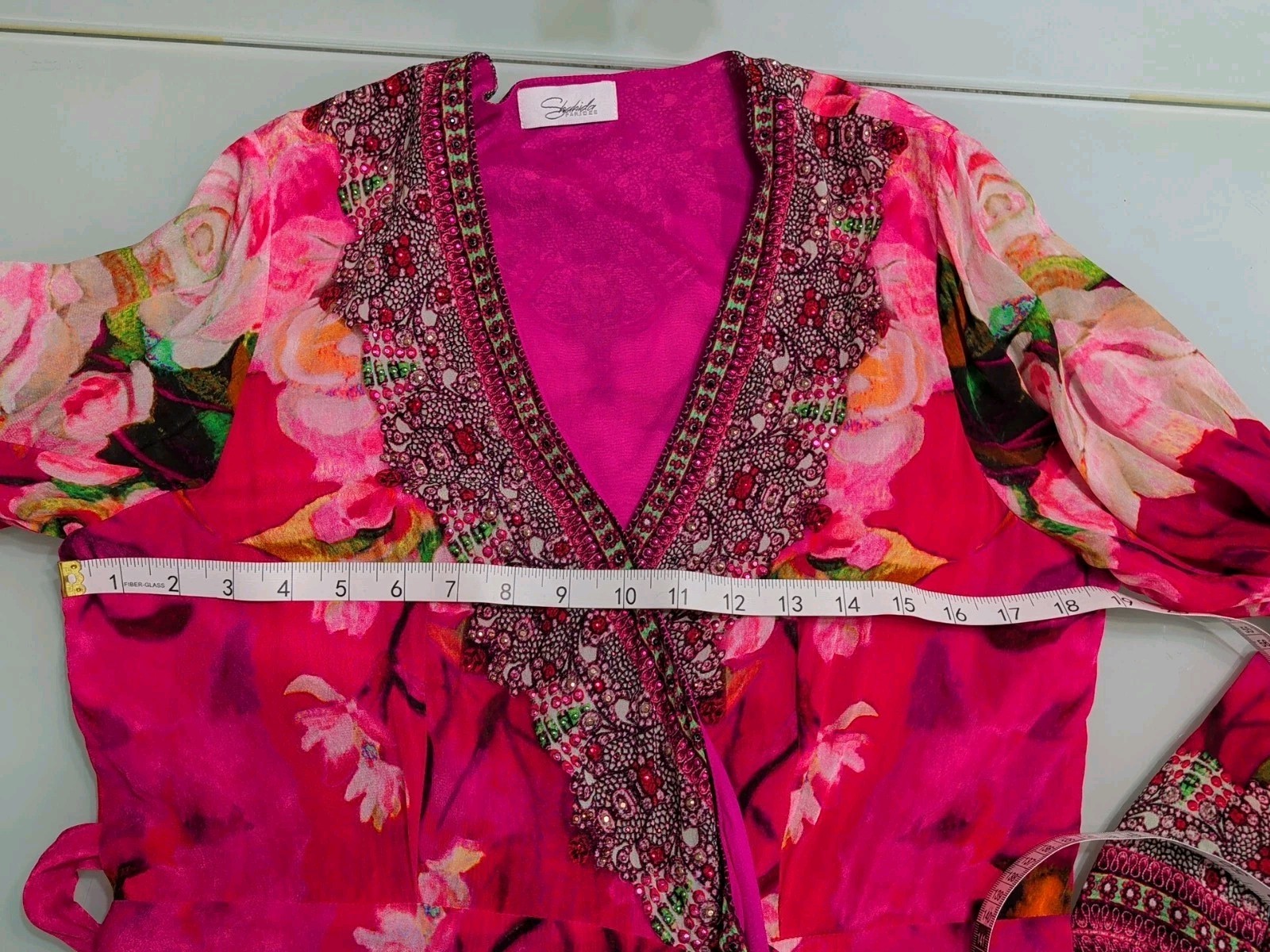 SHAHIDA PARIDES Rhinestone Beaded Wrap Maxi Dress Silk Sz M/L Floral Print Pink