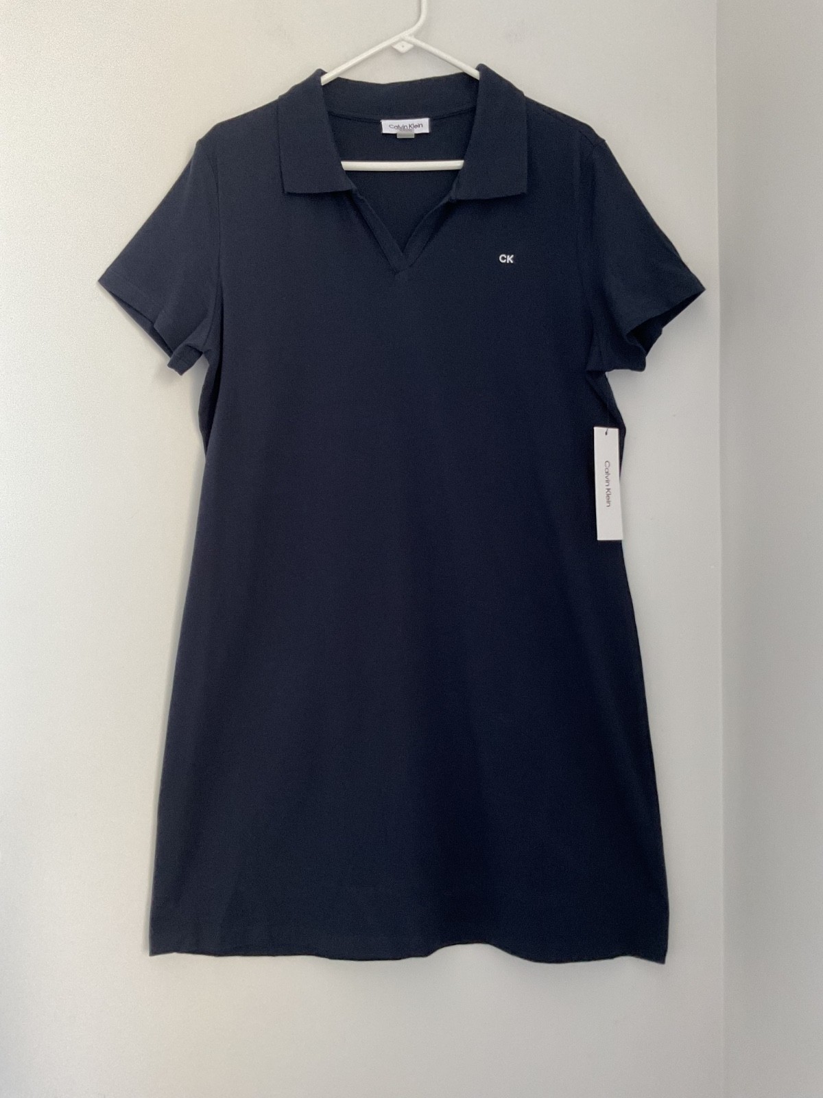 Calvin Klein Navy Blue Polo Dress Size XL Stretch Split Neck Embroidered Logo