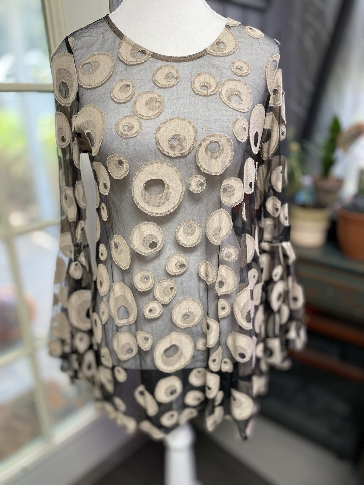 Mechant Mesh Mini Dress Or Long Blouse Flare Sleeve Retro Circles Size Small