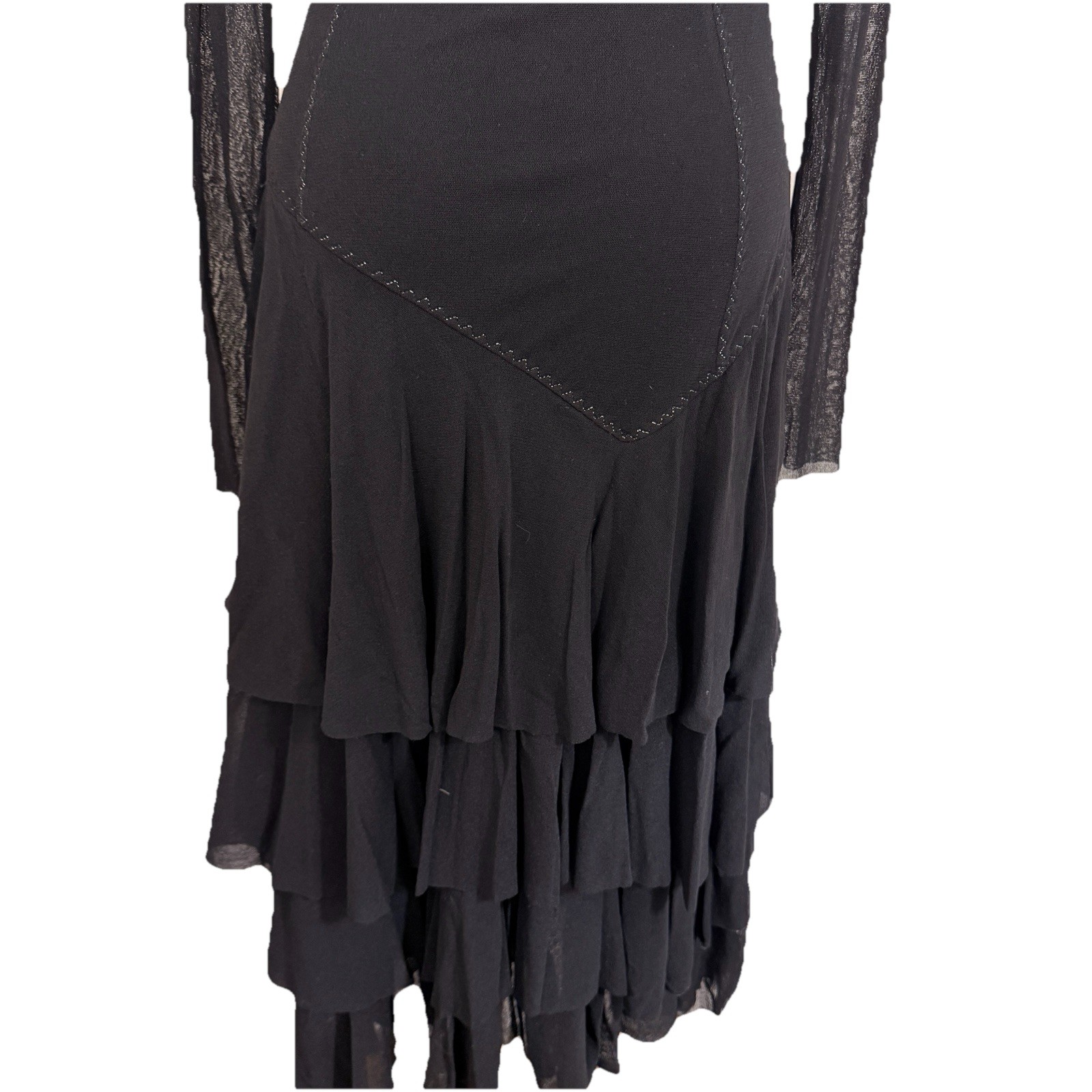 FUZZI Whimsigoth Tiered Dress Sz M Italy Black Mesh Fit Flare Layered Witchy