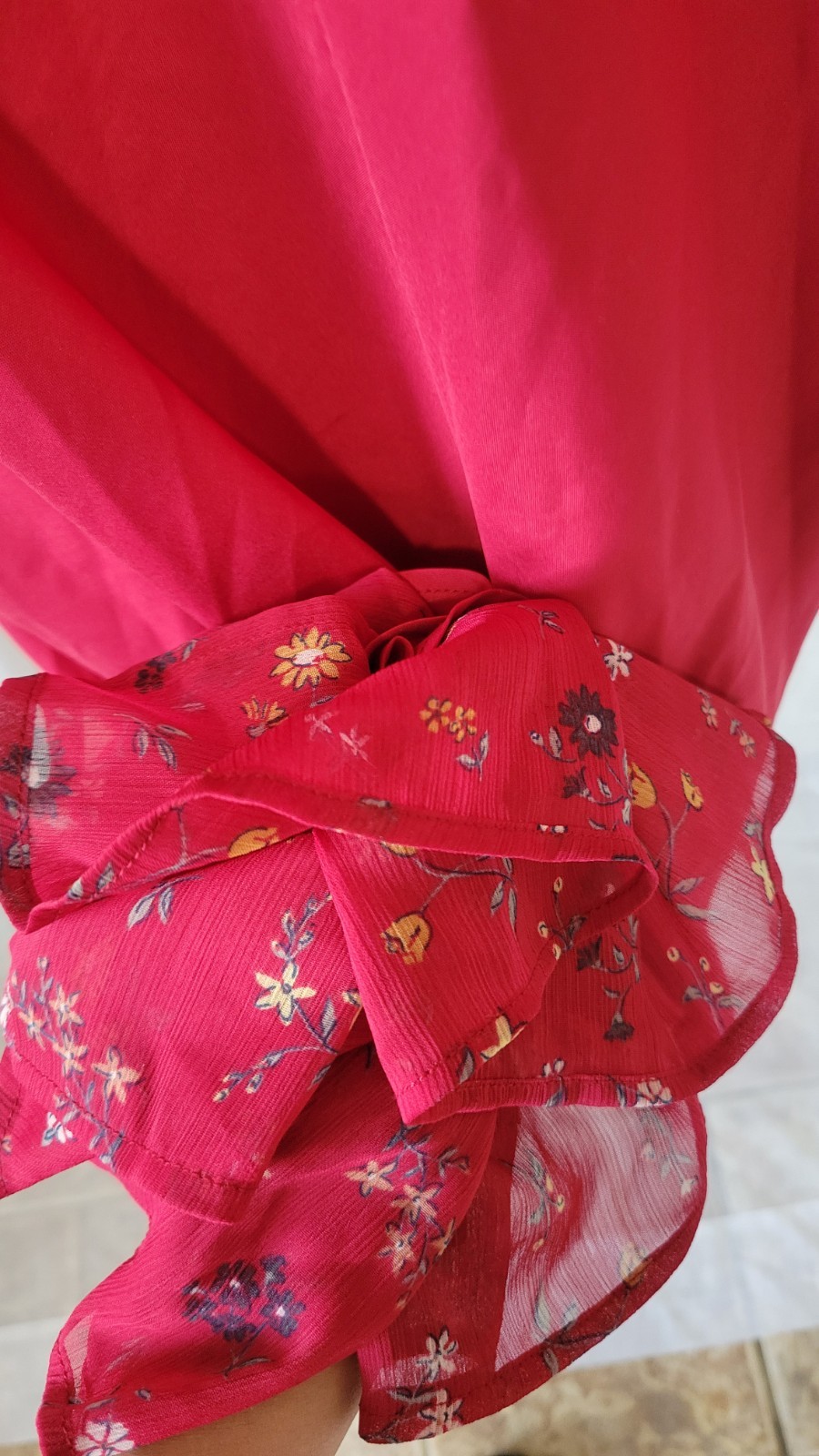 Uniqlo Sheer Women Drawstring Waist Button Down Red Floral Boho Midi Dress, sz M