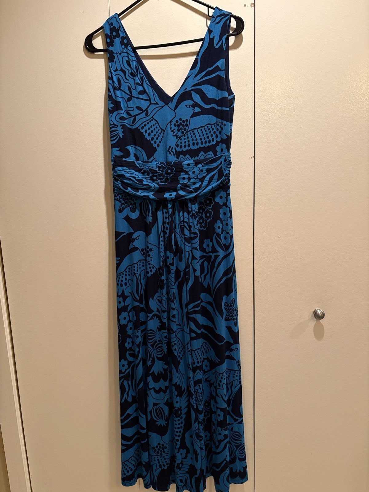 Boden Blue Black Floral Bird Maxi Dress 8P Petite V-Neck Sleeveless Strappy
