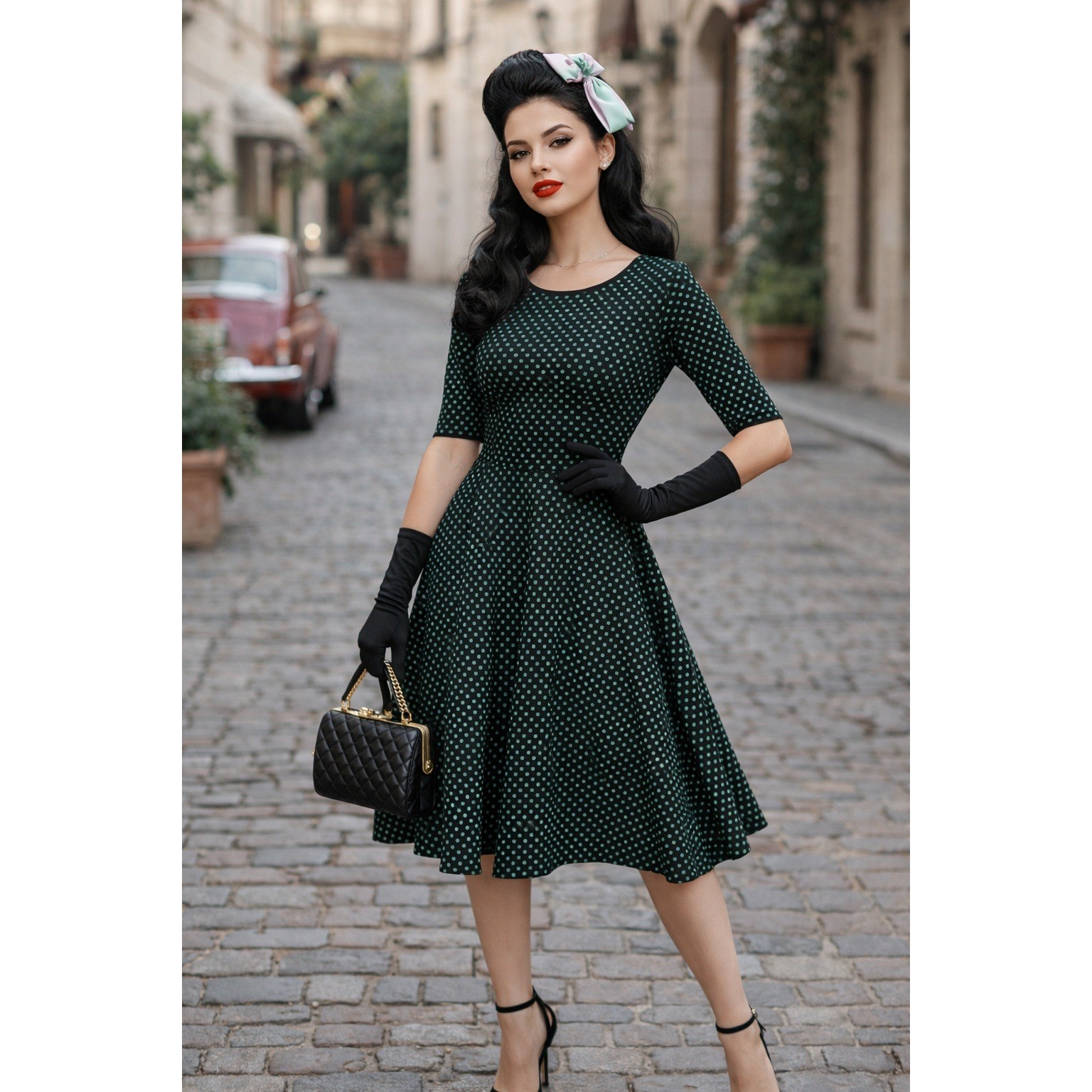 Danny And Nicole Midi Dress Womens 4 Green Polka Dot Retro Classic Mod Pin Up