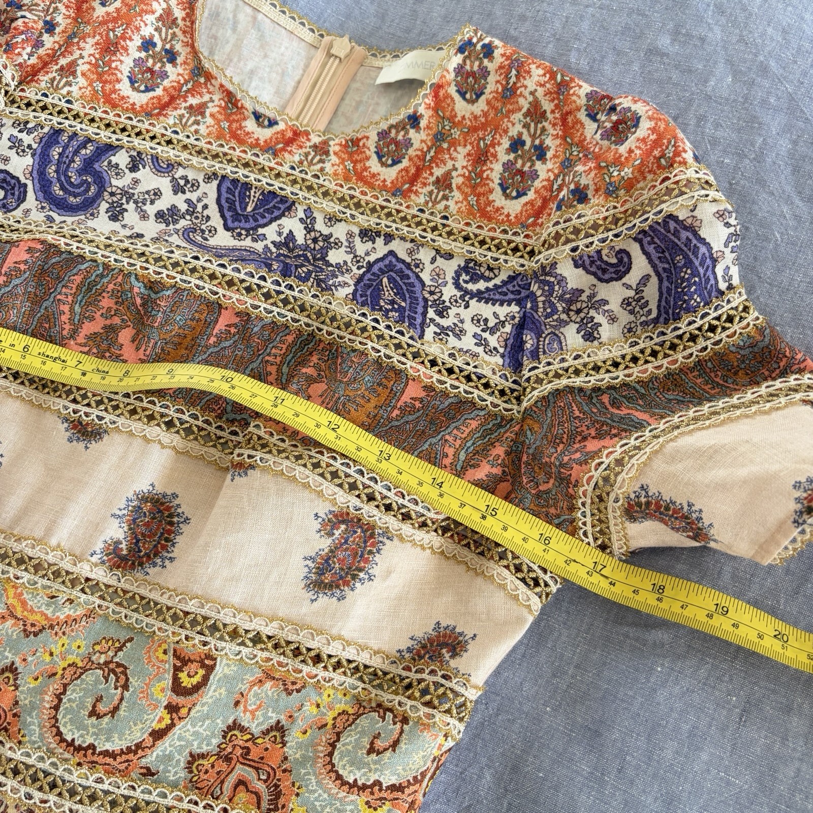 Zimmermann Devi Spliced Mini Dress Size 1/AU 10/US 8 Gold Trim Paisley Rare EUC