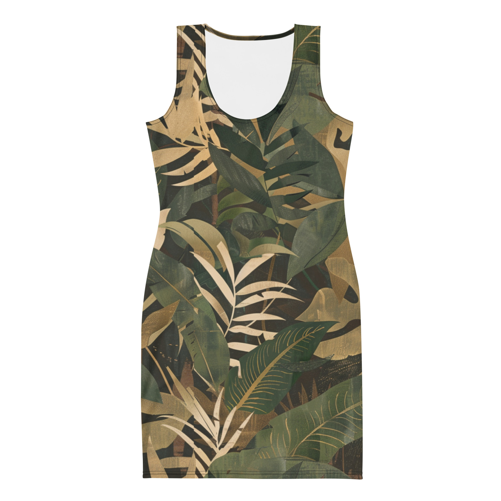 Women’s Bodycon Dress | Tropical Leaf Design | Olive Green Tan Sleeveless Tank