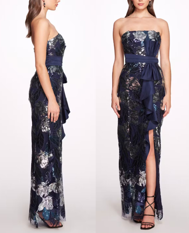 Marchesa Notte Navy & Silver Sequin Mikado Bow Gown With Deep Slit sz 6 $995