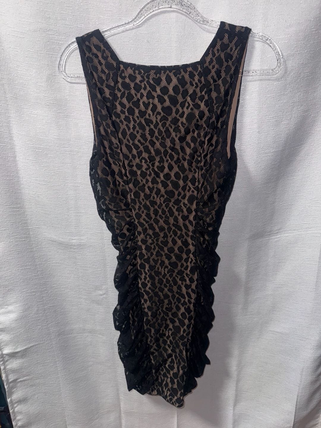 BCBGMAXAZRIA Black Lace Leopard Print Ruched Sleeveless Mini Dress