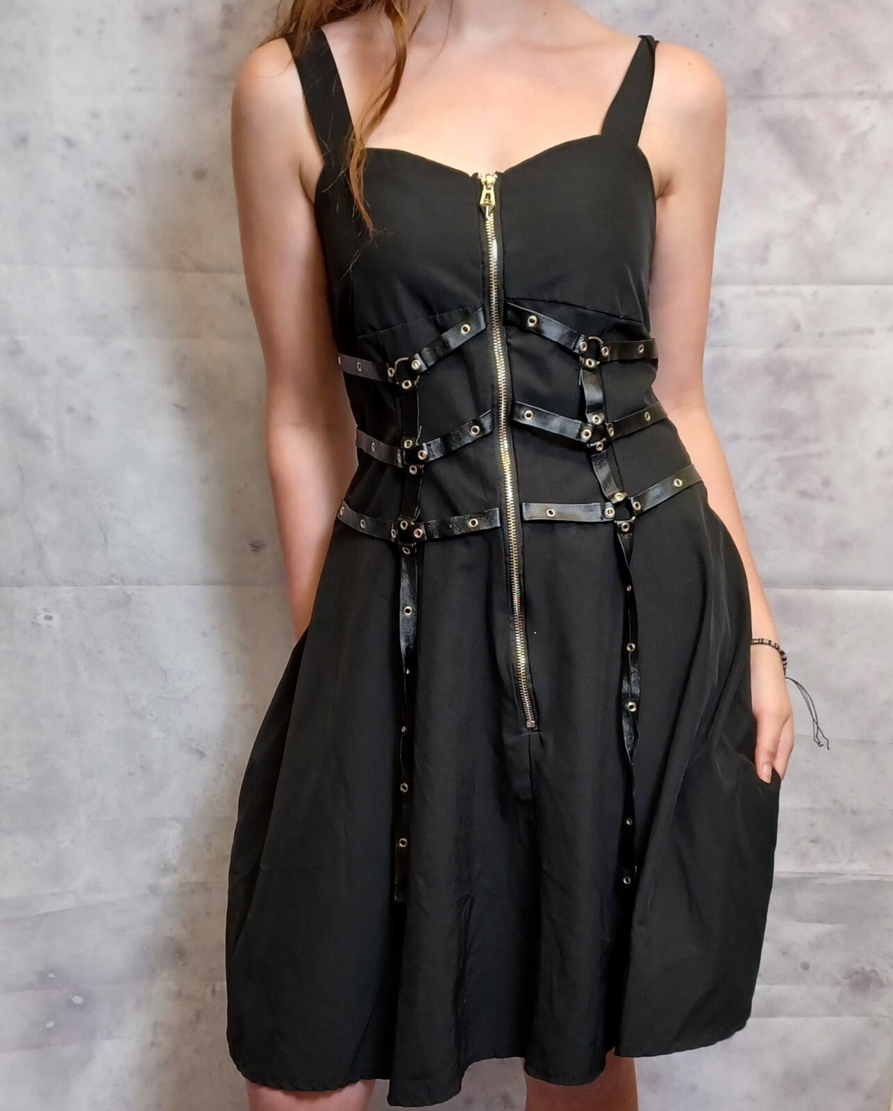 Gothic Bondage Skater Dress Womens Medium Black Steampunk Zip Up Fit Flare Punk