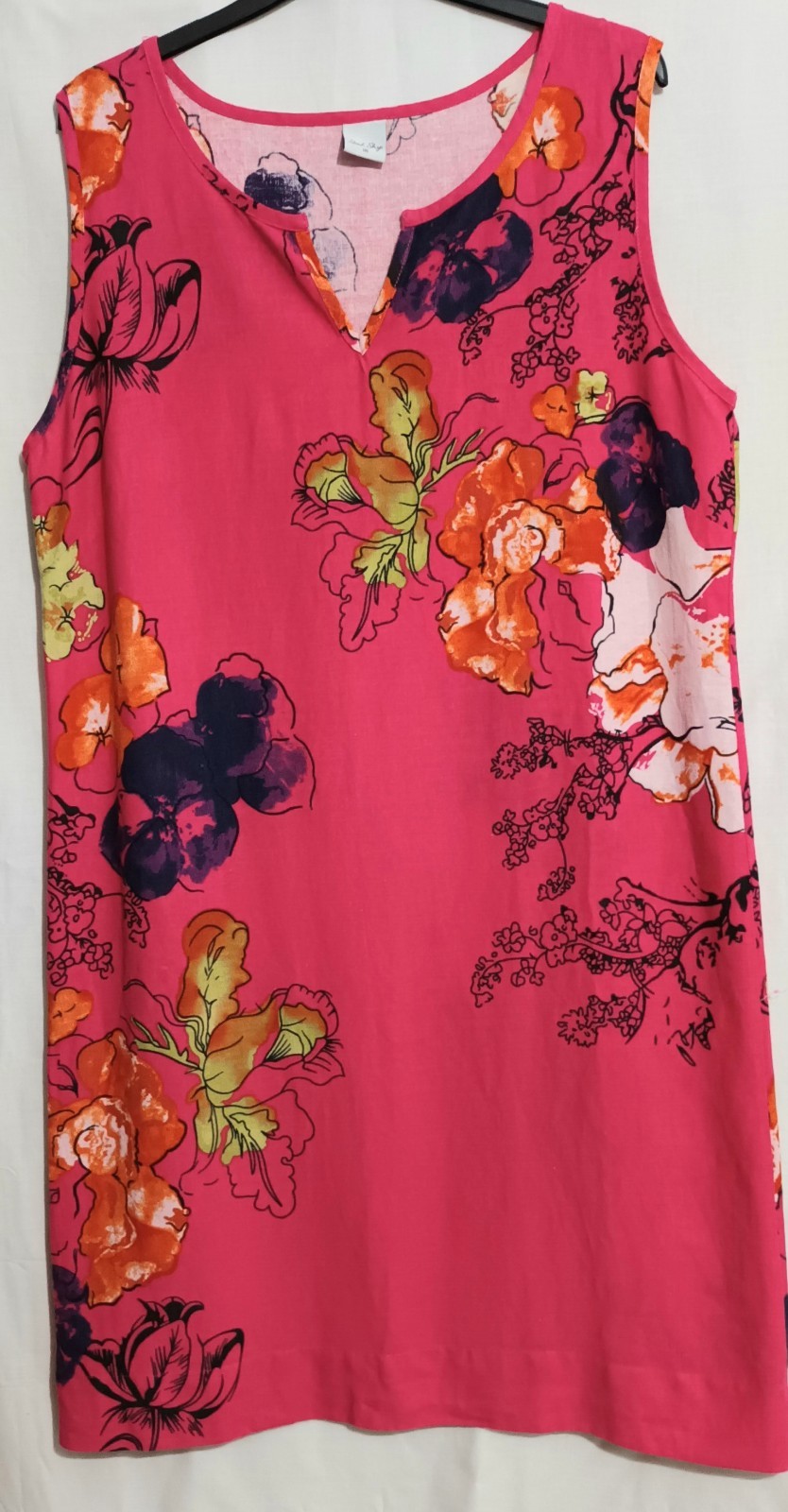 Ladies Shift Dress Size 16 Sleeveless Dark Pink Modern Floral Design, 55% Linen