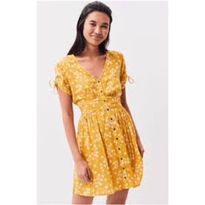 Billabong Twirl Twist Yellow Floral Button Front Mini Dress Women’s M