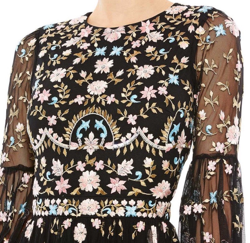Mac Duggal 35111 Embroidered Floral Gown Black Long Bishop Sleeve Size 8 NWT