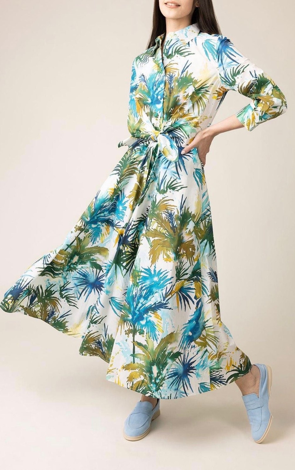 Sara Roka Dralla Palm Print Cotton Shirt Dress