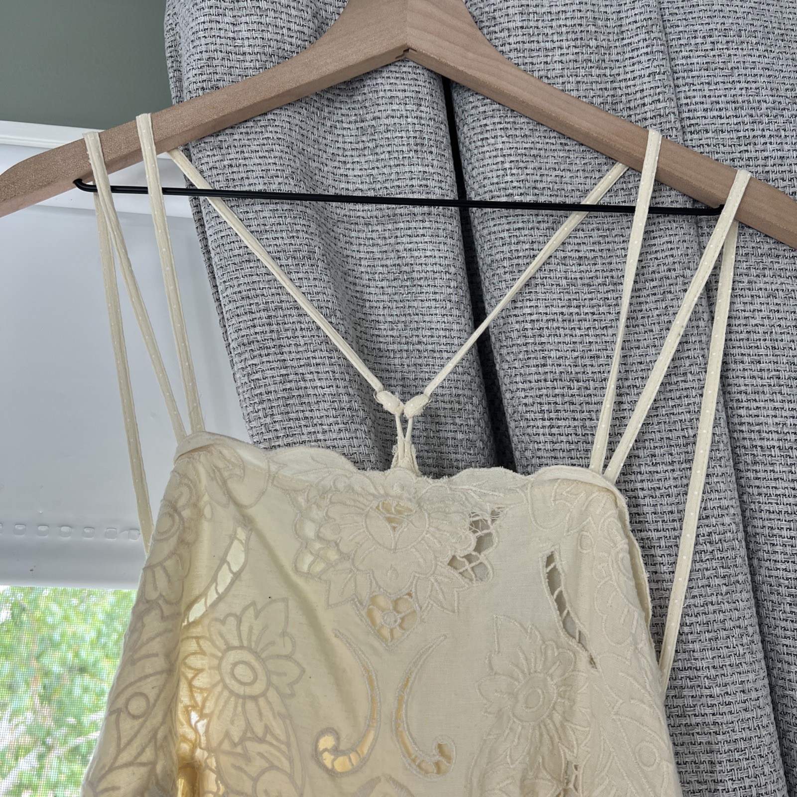 Free People Bali Ray of Sunshine Romper XS Linen*Boho Embroidered Lace Swiss Dot