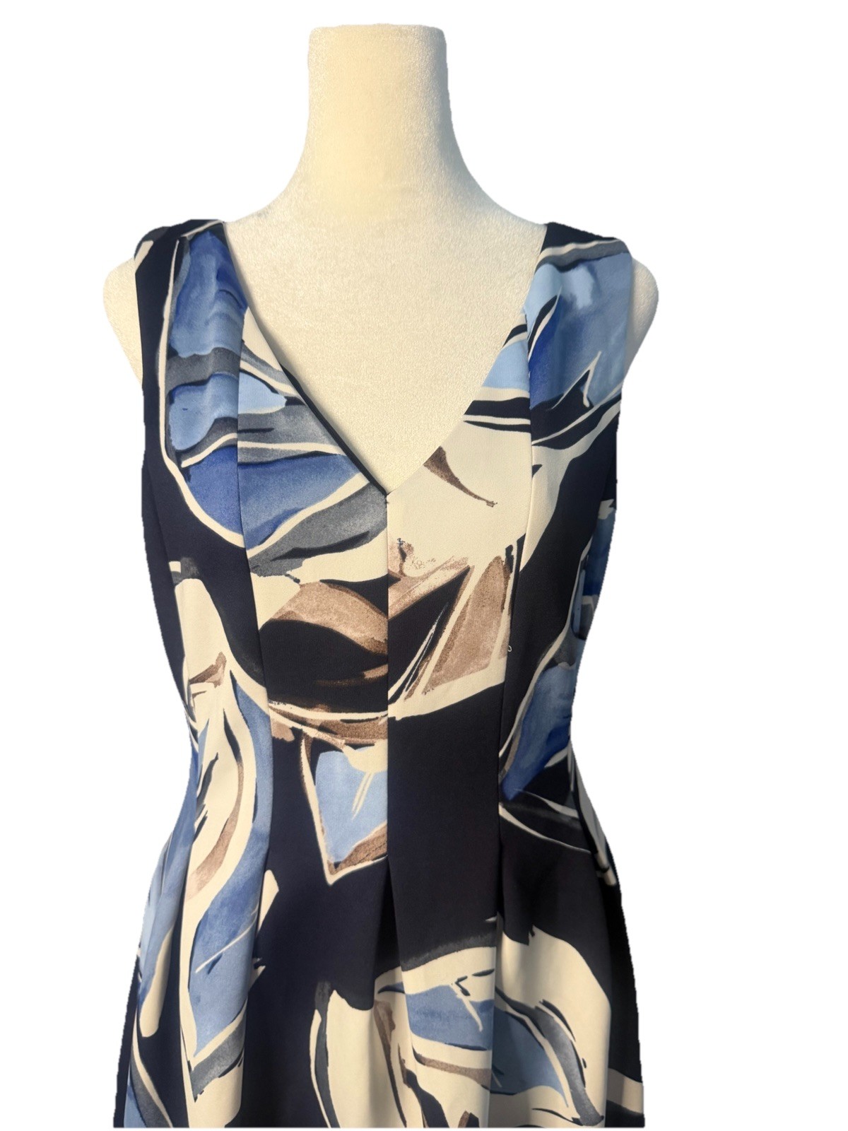 Vince Camuto Sleeveless Abstract A-Line Dress Blue Beige White Lined V-Neck 6