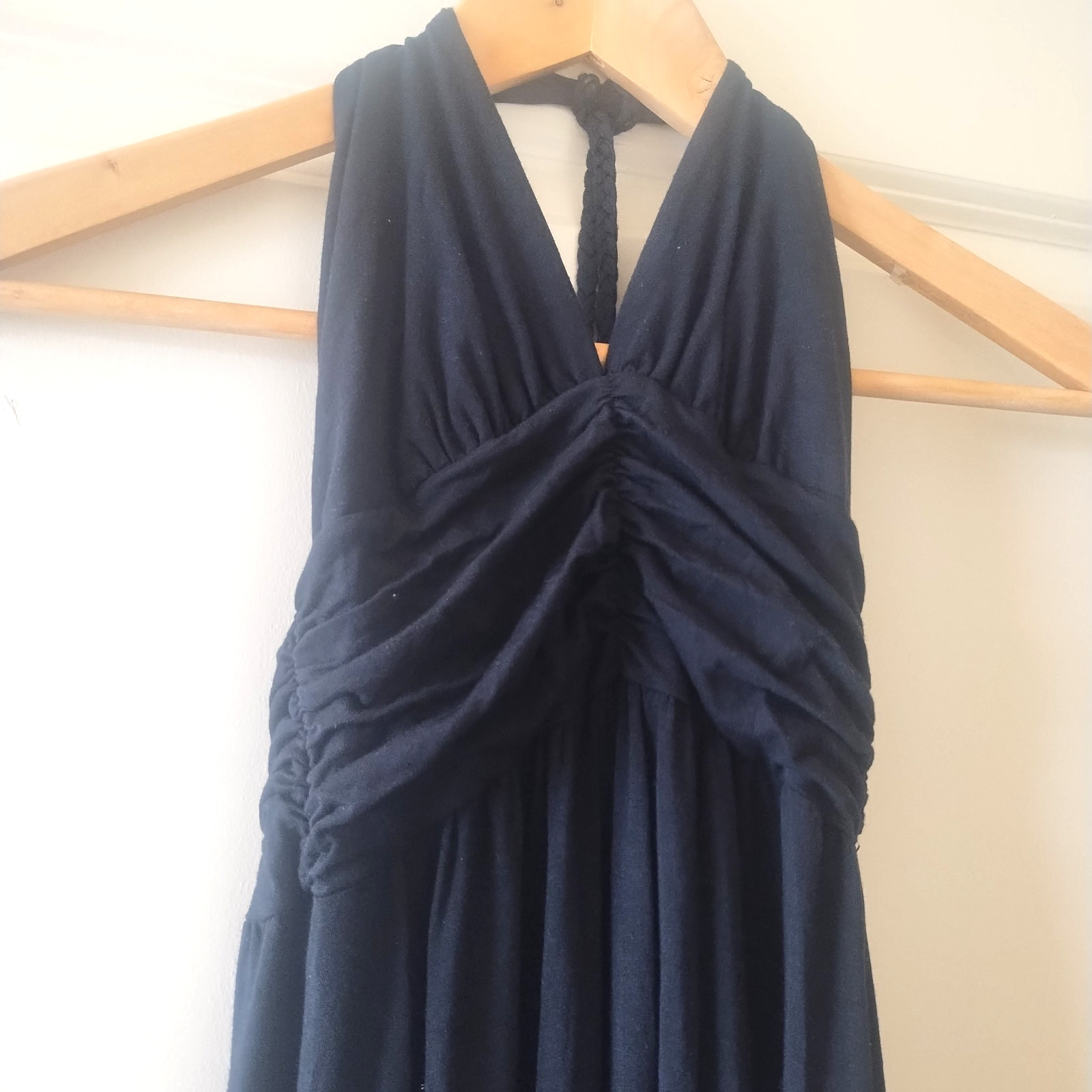 NWOT ELLA MOSS Long Black Halter MAXI Dress ROPE Detail Ruched SIZE S