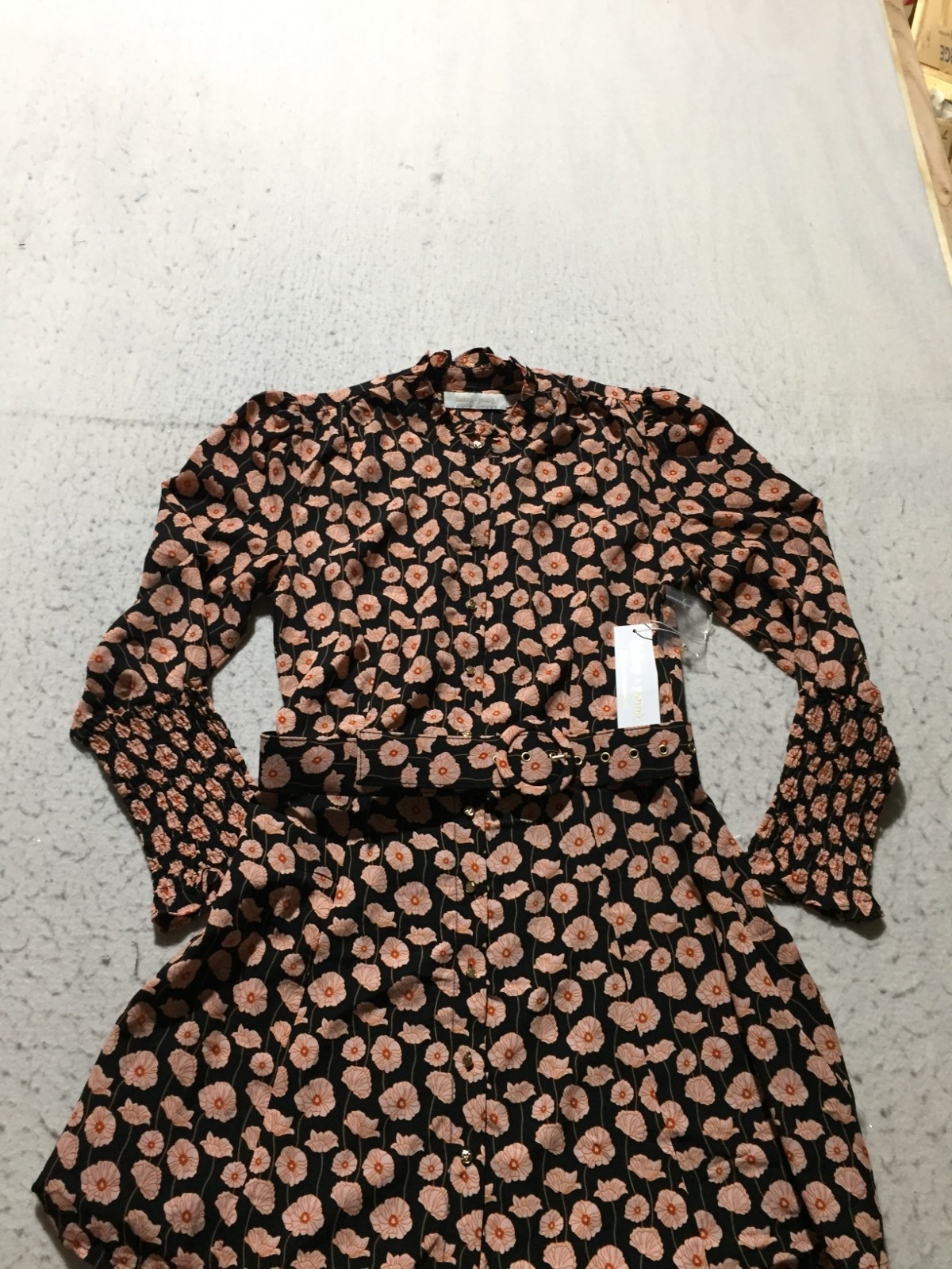 NEW Bishop + Young Dress Womens XS Black Bloom Flower Print Long Sleeve Belted