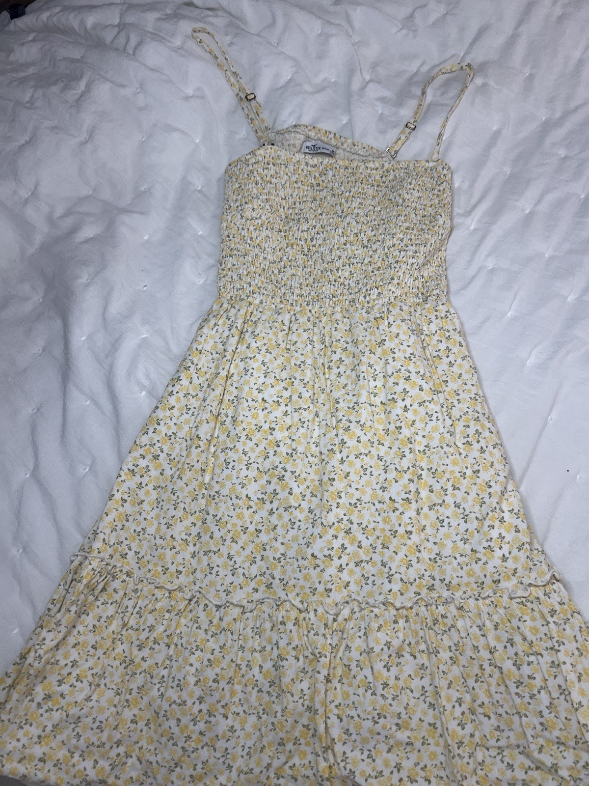 Hollister White Yellow Green Floral Smocked Sleeveless Square Neck Midi Dress M
