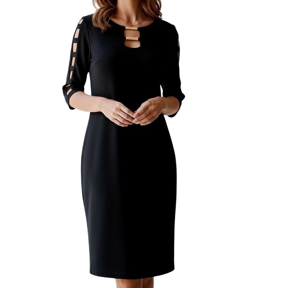 Joseph Ribkoff Black Sheath Dress Size 4 Cutout Neck Gold Detail 3/4 sleeve