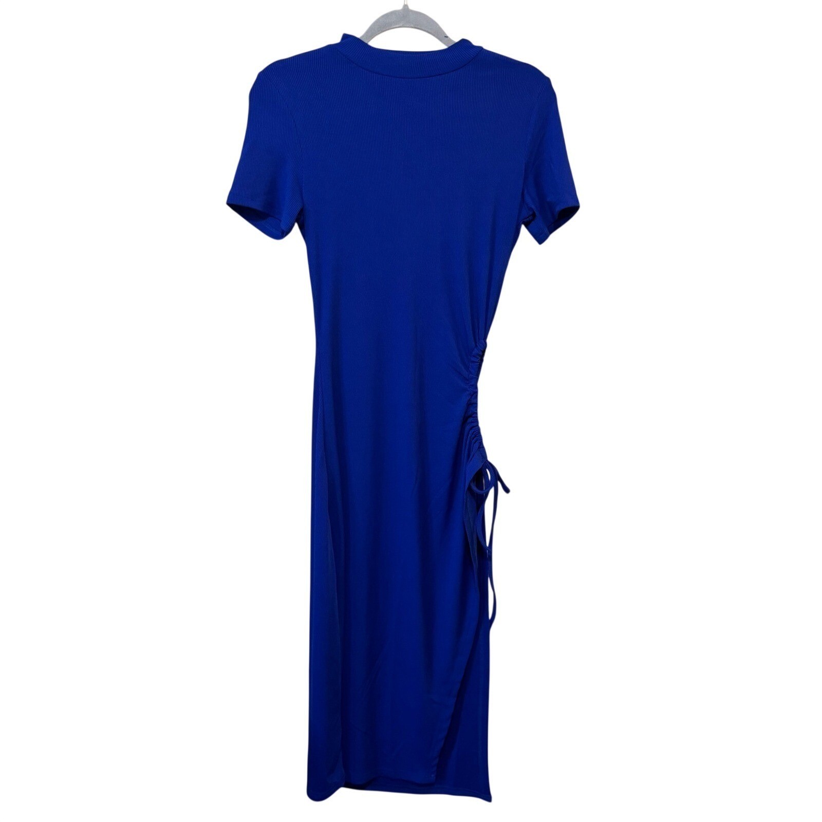 SHEIN Midi Dress Women M Royal Blue Excellent Ribbed Ruched Side Slit Mock Neck