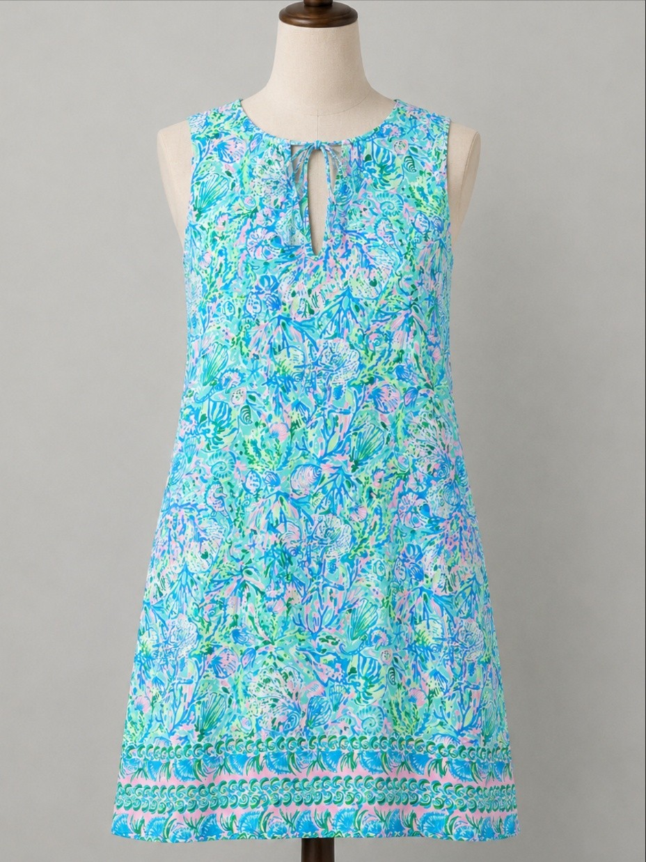 Lilly Pulitzer Dress Medium Blue Green Sea Life Shift Tank Keyhole Johana Preppy