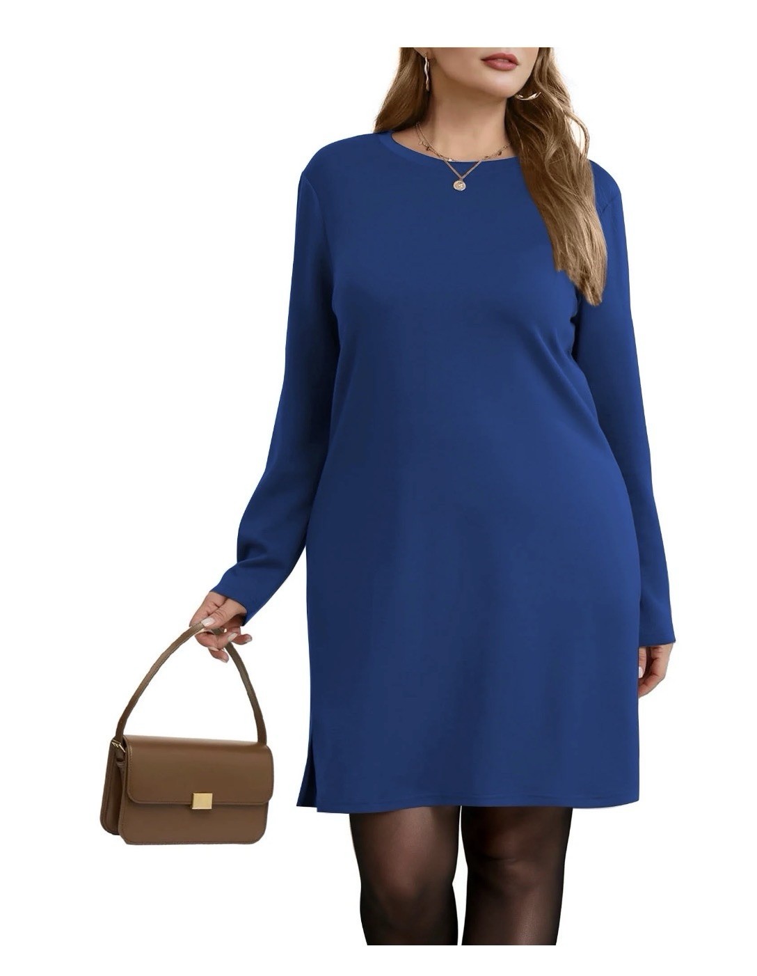 Women Round Neck Long Sleeves shirt midi Dress Elegant Side Split Pullover Large
